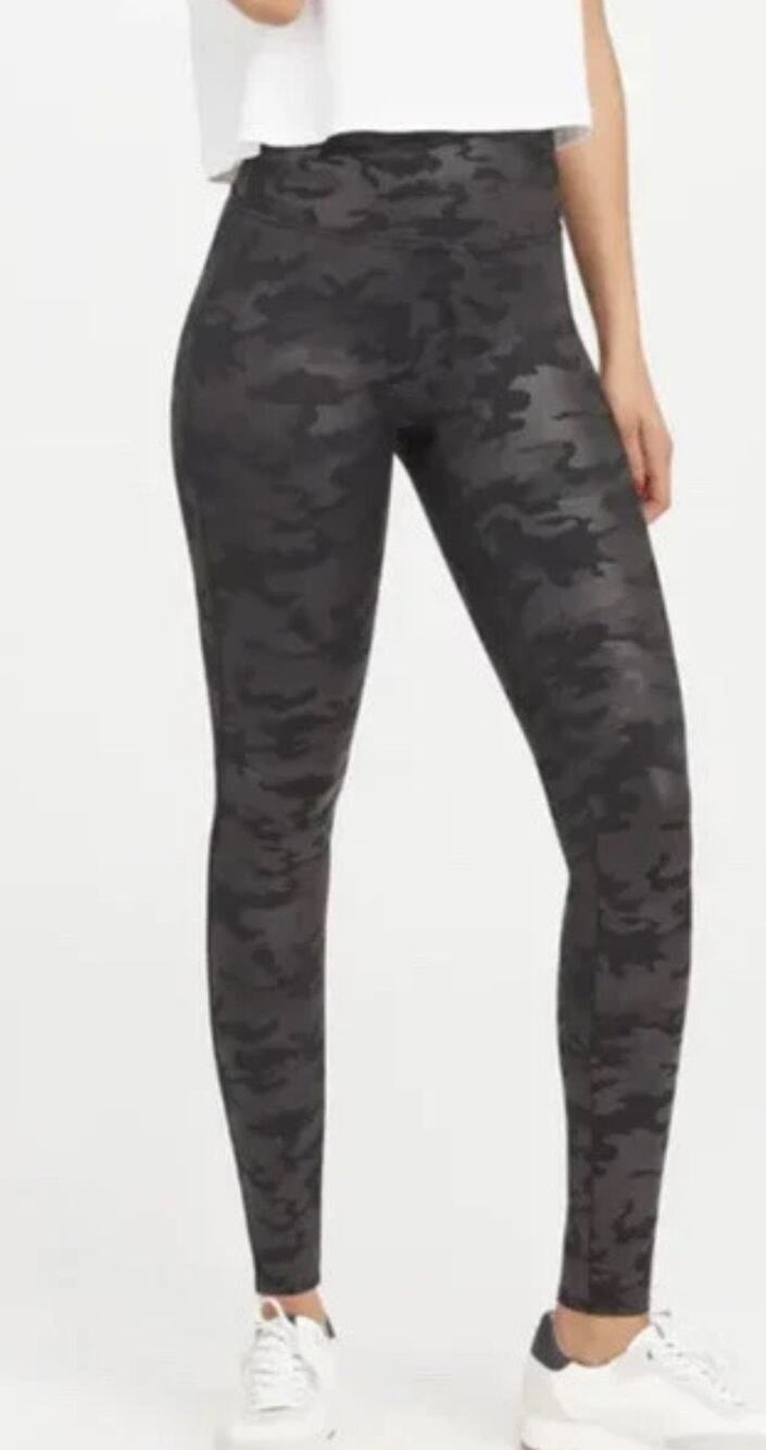 Spanx High Waist Faux Leather Metallic Camo Leggings Black Size M.